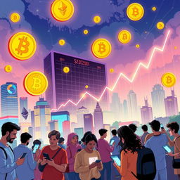 An illustration depicting the rise of cryptocurrencies, featuring a futuristic city skyline with digital currency symbols floating in the air, such as Bitcoin, Ethereum, and Litecoin