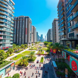 A bustling urban landscape featuring a vibrant street scene filled with 20-story high-rise apartment buildings