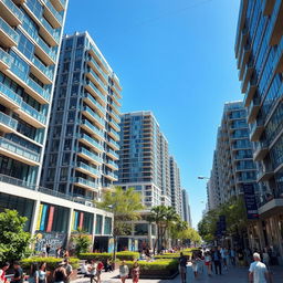 A bustling urban landscape featuring a vibrant street scene filled with 20-story high-rise apartment buildings