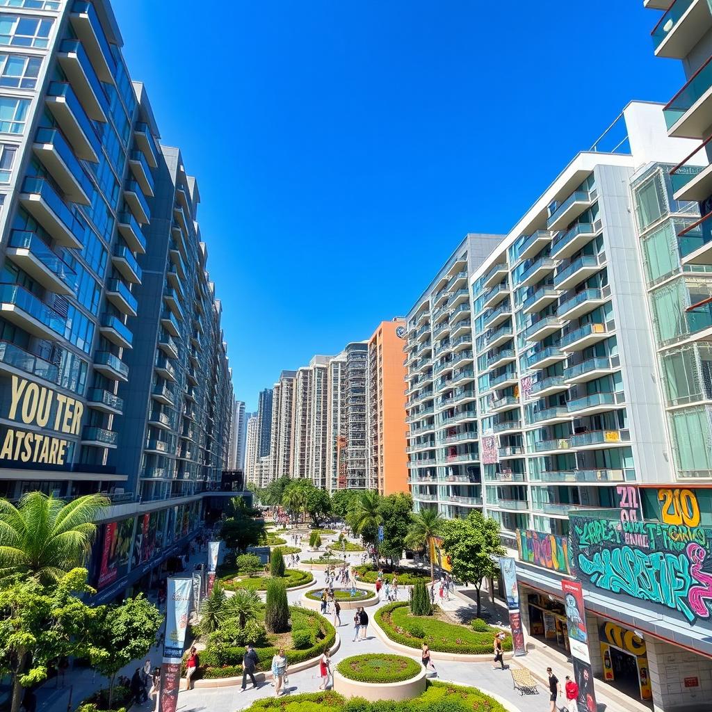 A bustling urban landscape featuring a vibrant street scene filled with 20-story high-rise apartment buildings