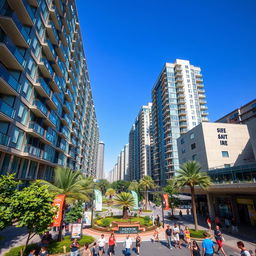 A bustling urban landscape featuring a vibrant street scene filled with 20-story high-rise apartment buildings