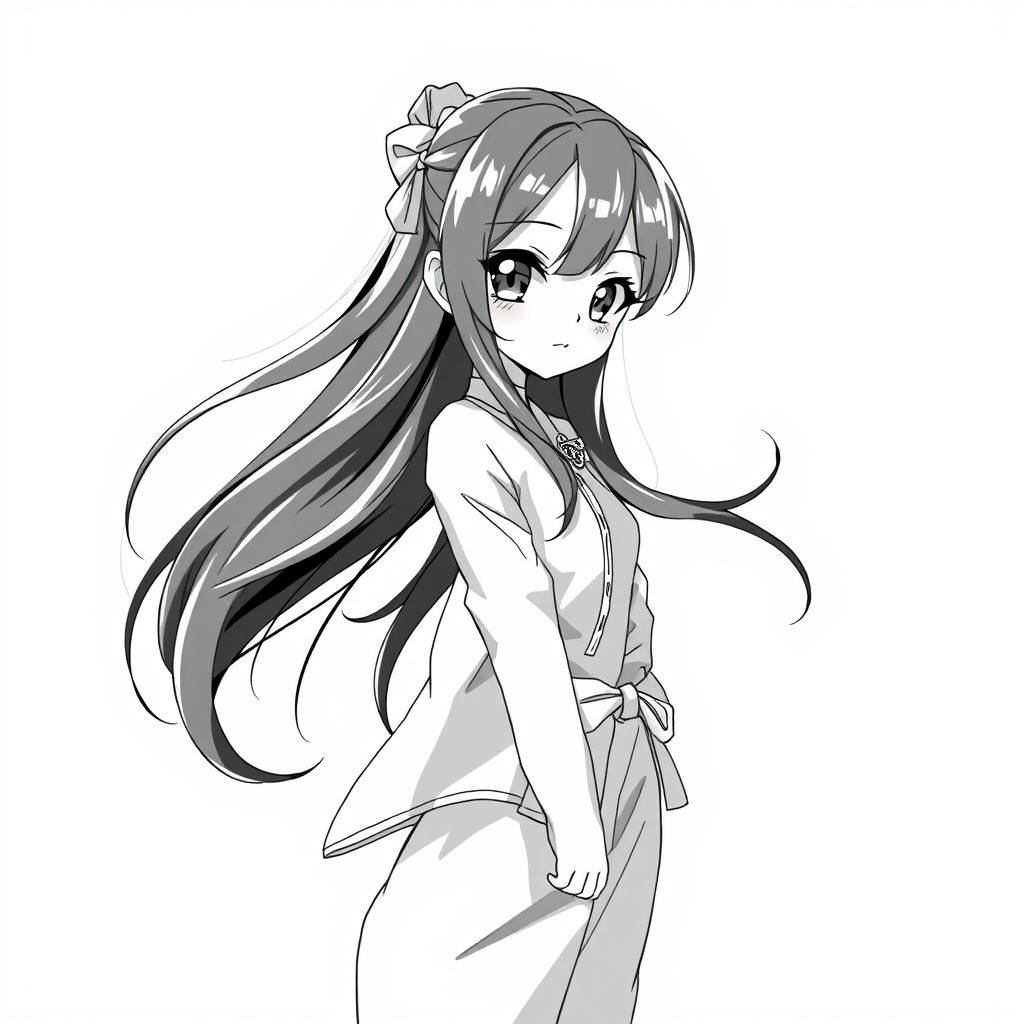 A black and white anime girl with long flowing hair, wearing a stylish outfit that blends traditional and modern elements