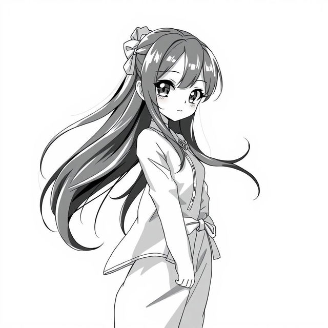 A black and white anime girl with long flowing hair, wearing a stylish outfit that blends traditional and modern elements