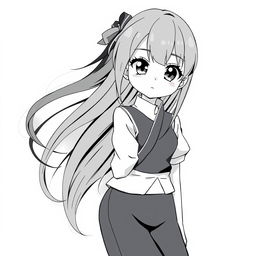 A black and white anime girl with long flowing hair, wearing a stylish outfit that blends traditional and modern elements