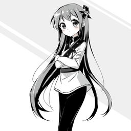 A black and white anime girl with long flowing hair, wearing a stylish outfit that blends traditional and modern elements