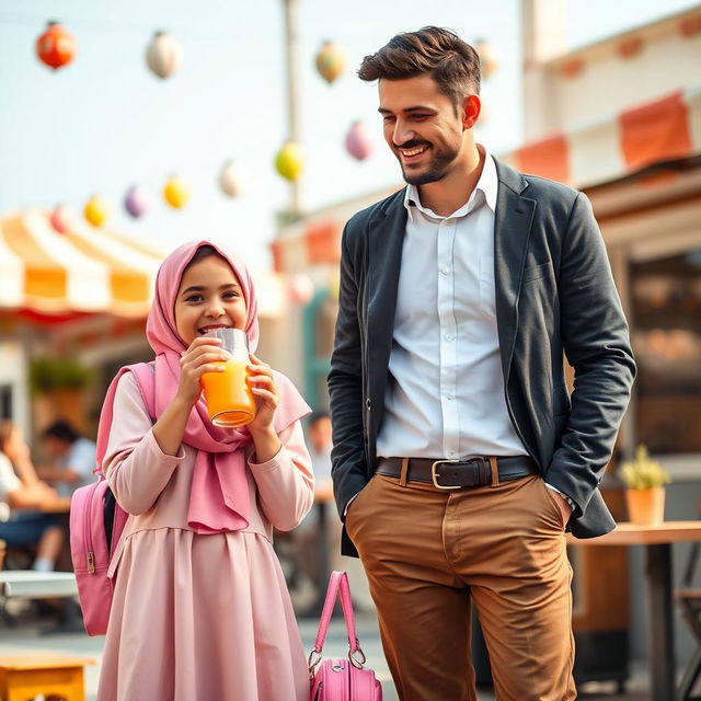 A heartwarming scene depicting a father and daughter in an Islamic country