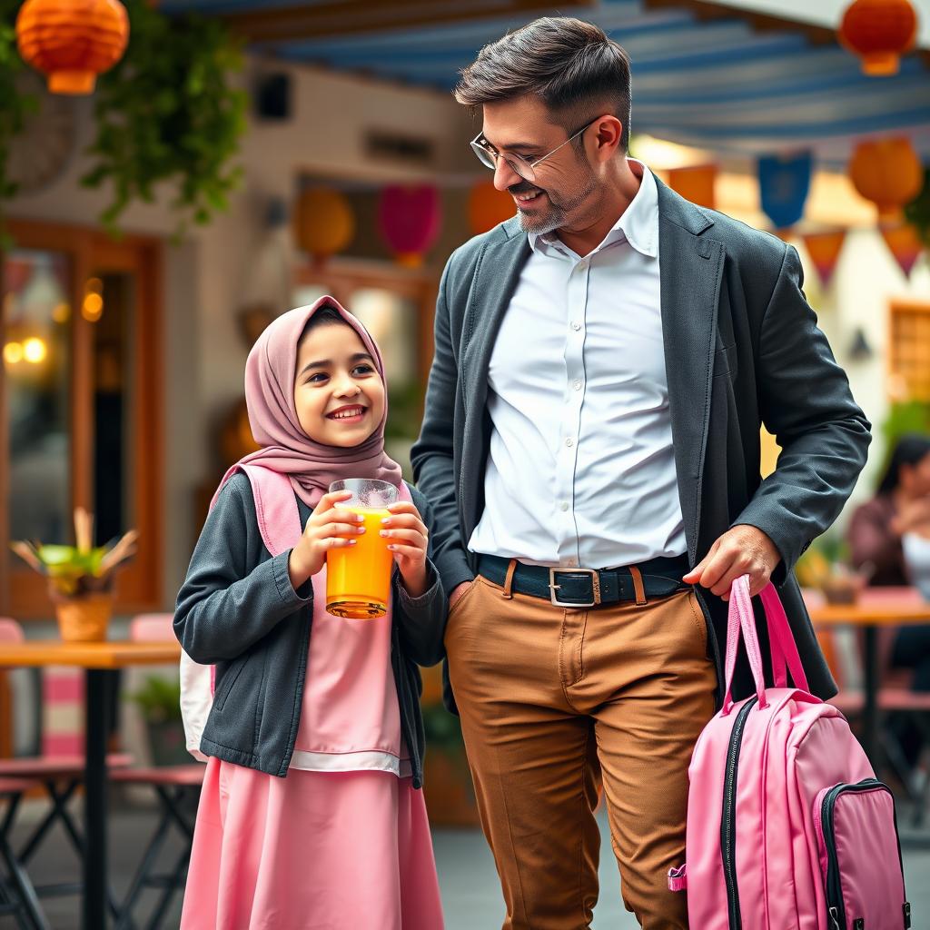 A heartwarming scene depicting a father and daughter in an Islamic country