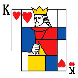 A playing card design inspired by the style of Piet Mondrian, featuring the King of Hearts