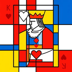 A playing card design inspired by the style of Piet Mondrian, featuring the King of Hearts
