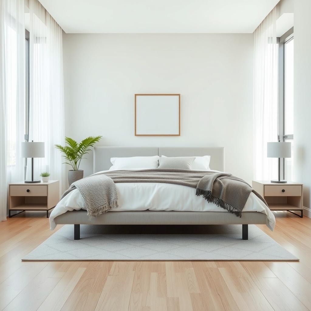 A modern and minimalist bedroom interior featuring a large, low-profile bed with a stylish bed frame, dressed in crisp white linens and textured throw blankets