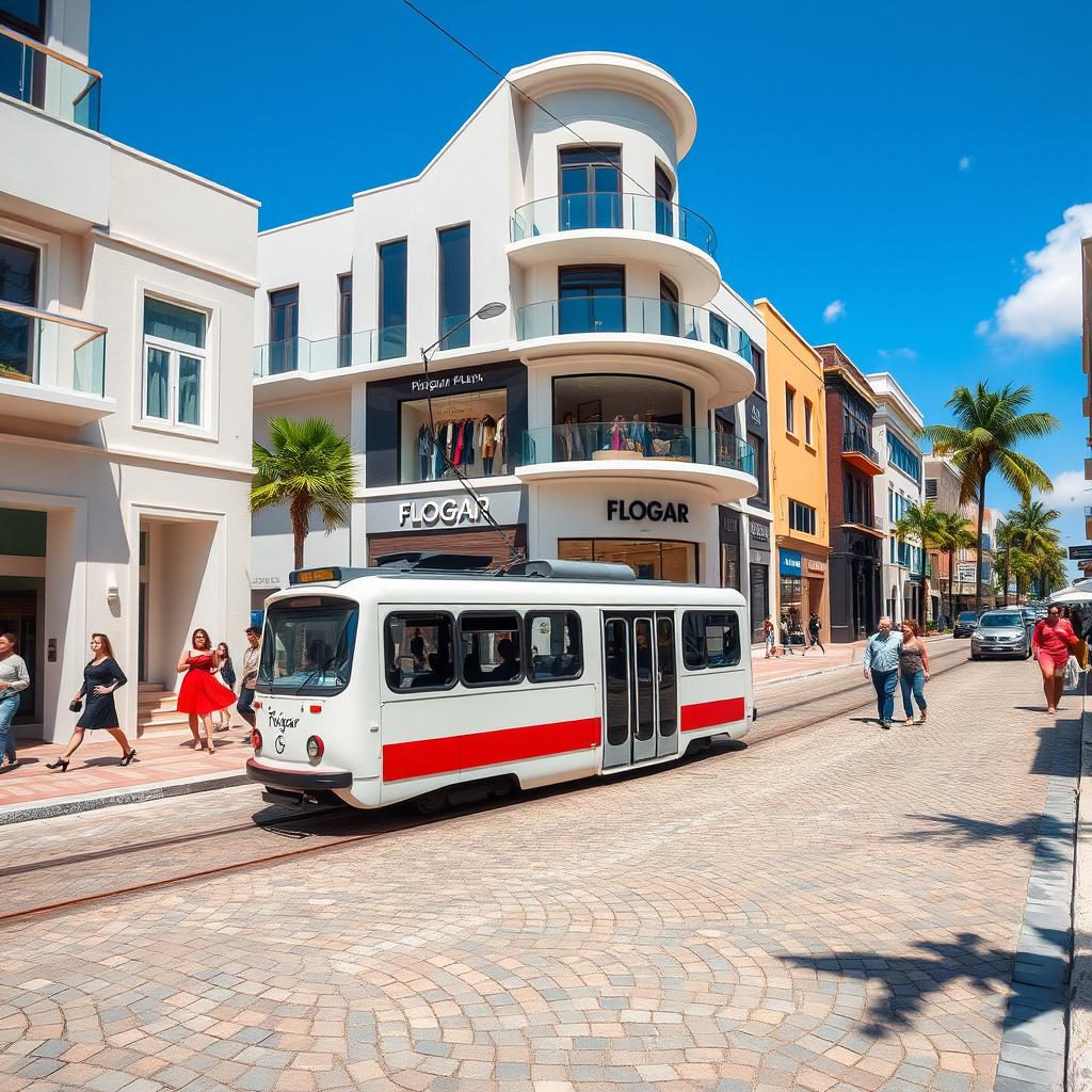 A modern Caribbean city scene featuring contemporary buildings, with a stylish, cobblestone street