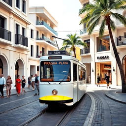 A modern Caribbean city scene featuring contemporary buildings, with a stylish, cobblestone street
