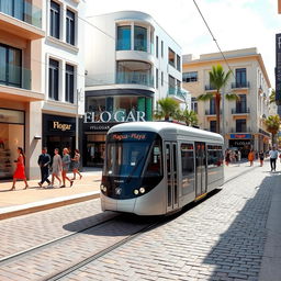 A modern Caribbean city scene featuring contemporary buildings, with a stylish, cobblestone street