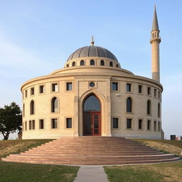 A cylindrical (circular) religious building designed in Iranian-Islamic architecture, situated on a hilltop