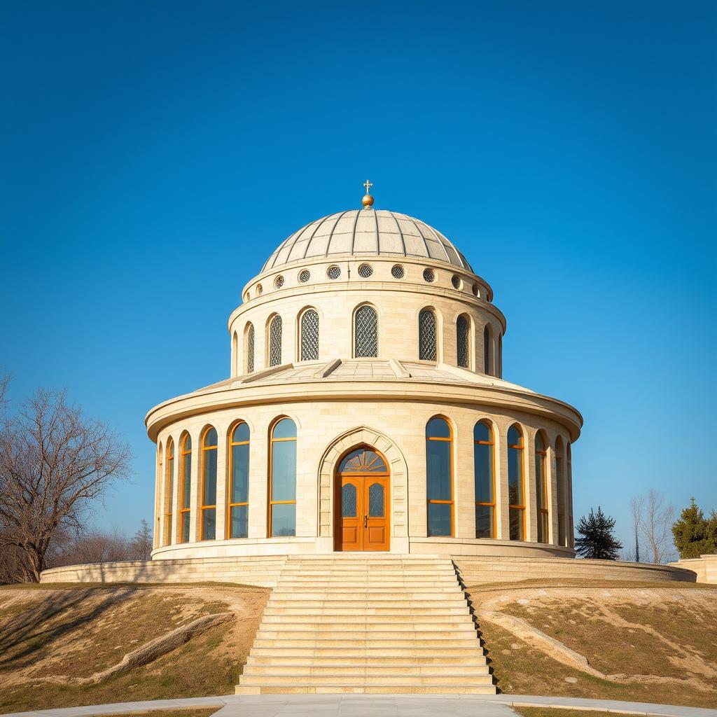 A cylindrical (circular) religious building designed in Iranian-Islamic architecture, situated on a hilltop