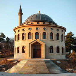 A cylindrical (circular) religious building designed in Iranian-Islamic architecture, situated on a hilltop