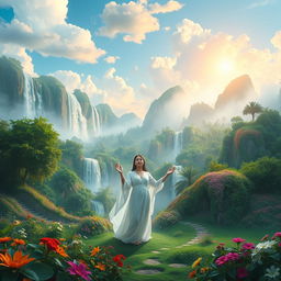 A serene and ethereal representation of a heavenly paradise, featuring lush green gardens filled with vibrant flowers, majestic waterfalls cascading down colorful rocks, and soft, glowing clouds overhead