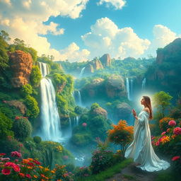 A serene and ethereal representation of a heavenly paradise, featuring lush green gardens filled with vibrant flowers, majestic waterfalls cascading down colorful rocks, and soft, glowing clouds overhead
