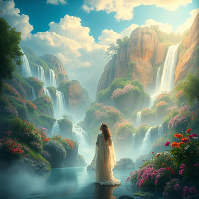 A serene and ethereal representation of a heavenly paradise, featuring lush green gardens filled with vibrant flowers, majestic waterfalls cascading down colorful rocks, and soft, glowing clouds overhead