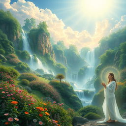 A serene and ethereal representation of a heavenly paradise, featuring lush green gardens filled with vibrant flowers, majestic waterfalls cascading down colorful rocks, and soft, glowing clouds overhead