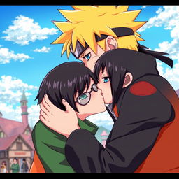 A dramatic and intense scene depicting Naruto Uzumaki, the renowned ninja with spiky blonde hair and blue eyes, leaning in to kiss Sarada Uchiha, a young kunoichi with short black hair and glasses