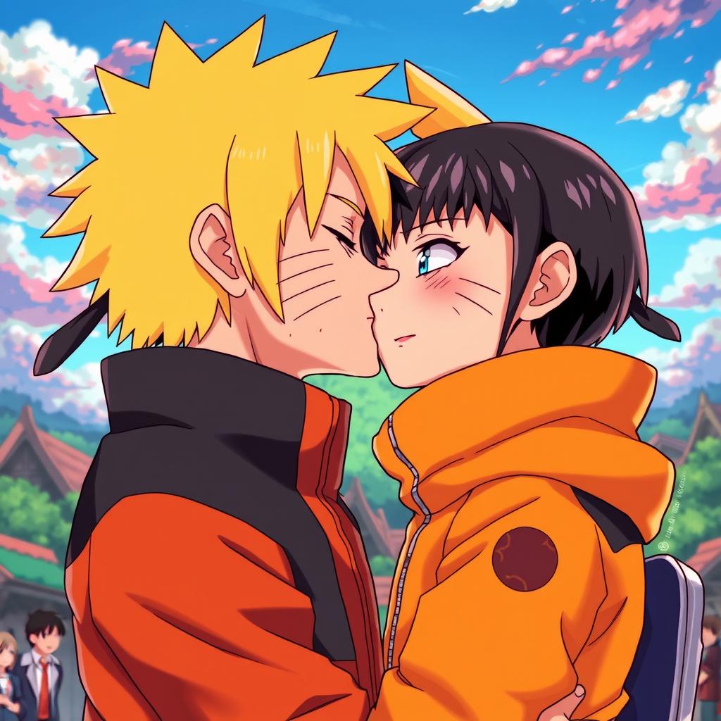 A dramatic and intense scene depicting Naruto Uzumaki, the renowned ninja with spiky blonde hair and blue eyes, leaning in to kiss Sarada Uchiha, a young kunoichi with short black hair and glasses