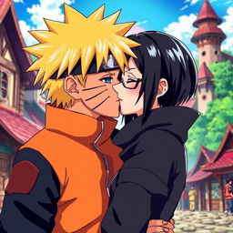 A dramatic and intense scene depicting Naruto Uzumaki, the renowned ninja with spiky blonde hair and blue eyes, leaning in to kiss Sarada Uchiha, a young kunoichi with short black hair and glasses
