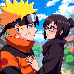 A dramatic and intense scene depicting Naruto Uzumaki, the renowned ninja with spiky blonde hair and blue eyes, leaning in to kiss Sarada Uchiha, a young kunoichi with short black hair and glasses