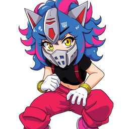 A teenage girl with curly blue hair featuring pink streaks, bright yellow eyes, and wearing a silver mask similar to Optimus Prime's