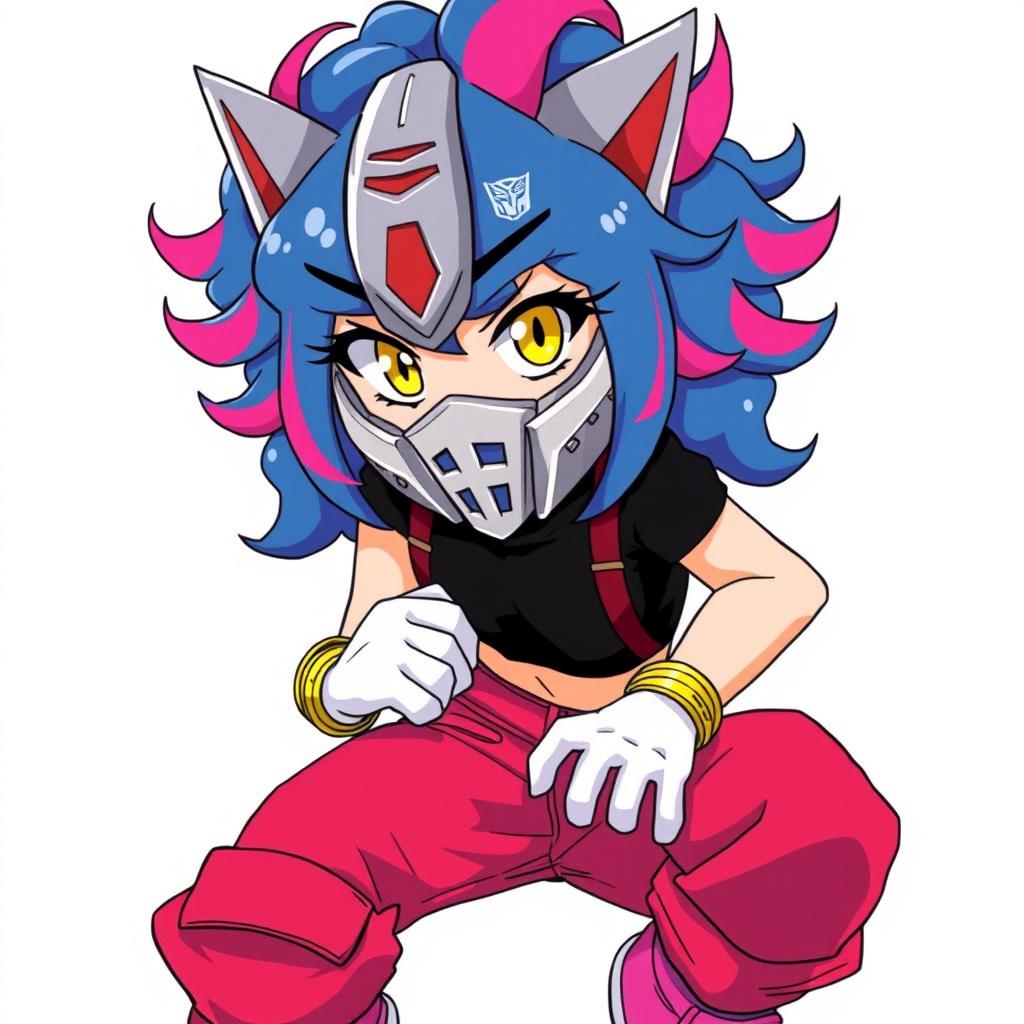 A teenage girl with curly blue hair featuring pink streaks, bright yellow eyes, and wearing a silver mask similar to Optimus Prime's