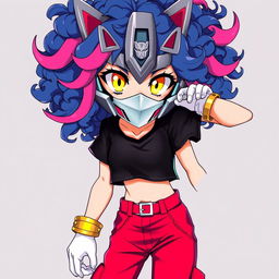 A teenage girl with curly blue hair featuring pink streaks, bright yellow eyes, and wearing a silver mask similar to Optimus Prime's