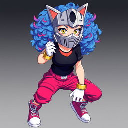 A teenage girl with curly blue hair featuring pink streaks, bright yellow eyes, and wearing a silver mask similar to Optimus Prime's