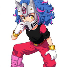 A teenage girl with curly blue hair featuring pink streaks, bright yellow eyes, and wearing a silver mask similar to Optimus Prime's