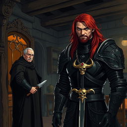 A dimly lit interior of an old inn, characterized by rustic wooden beams and a cozy yet mysterious atmosphere