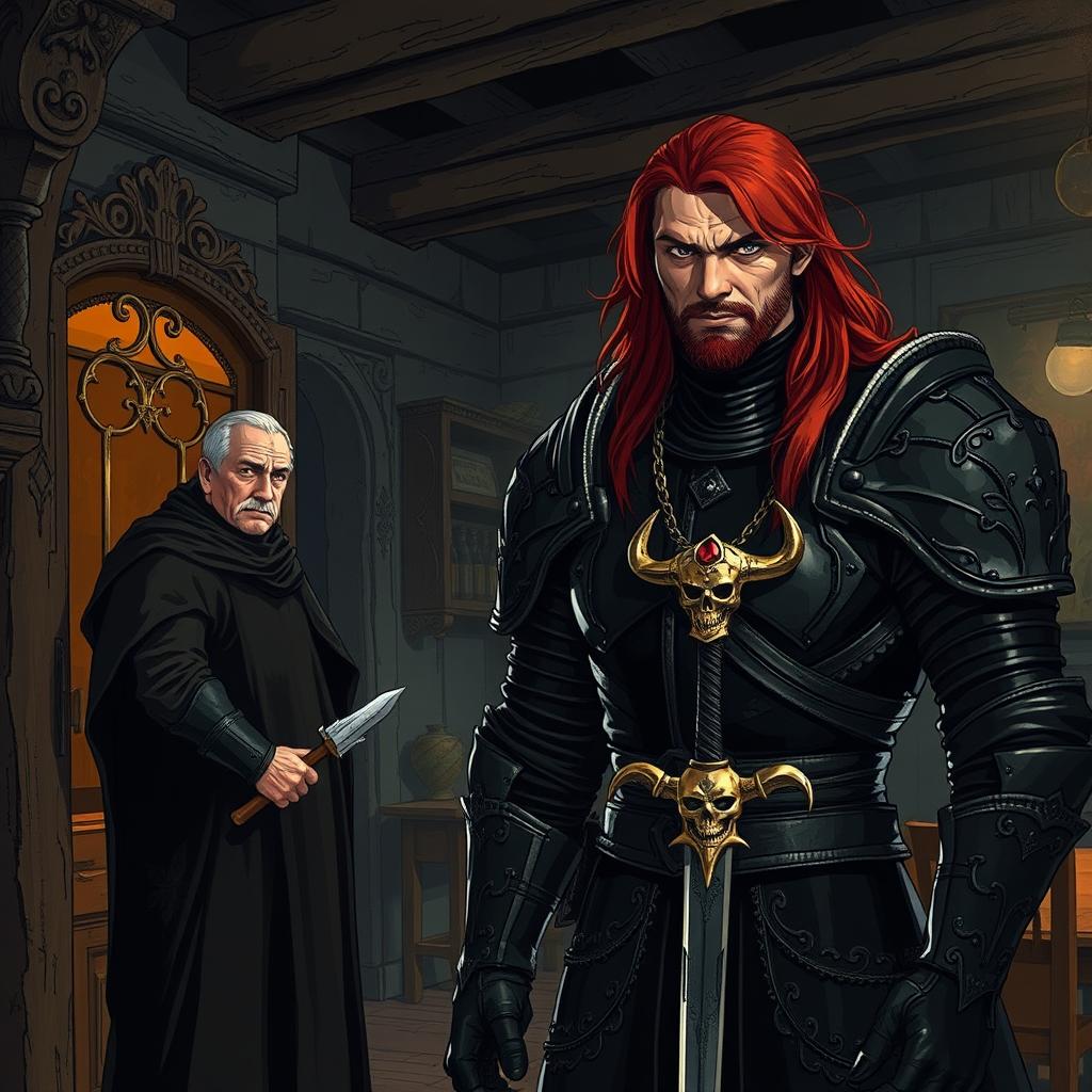 A dimly lit interior of an old inn, characterized by rustic wooden beams and a cozy yet mysterious atmosphere