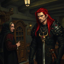 A dimly lit interior of an old inn, characterized by rustic wooden beams and a cozy yet mysterious atmosphere