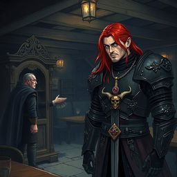 A dimly lit interior of an old inn, characterized by rustic wooden beams and a cozy yet mysterious atmosphere