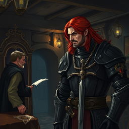 A dimly lit interior of an old inn, characterized by rustic wooden beams and a cozy yet mysterious atmosphere