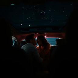 A sensual scene taking place inside a luxury car with dim, ambient lighting
