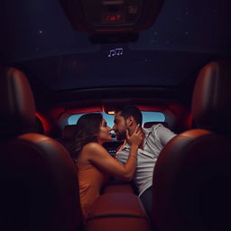 A sensual scene taking place inside a luxury car with dim, ambient lighting