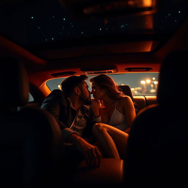 A sensual scene taking place inside a luxury car with dim, ambient lighting