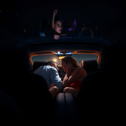 A sensual scene taking place inside a luxury car with dim, ambient lighting