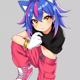 A teenage girl with blue hair featuring pink streaks, bright yellow eyes, wearing a black crop top and red cargo pants