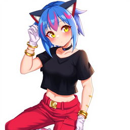 A teenage girl with blue hair featuring pink streaks, bright yellow eyes, wearing a black crop top and red cargo pants