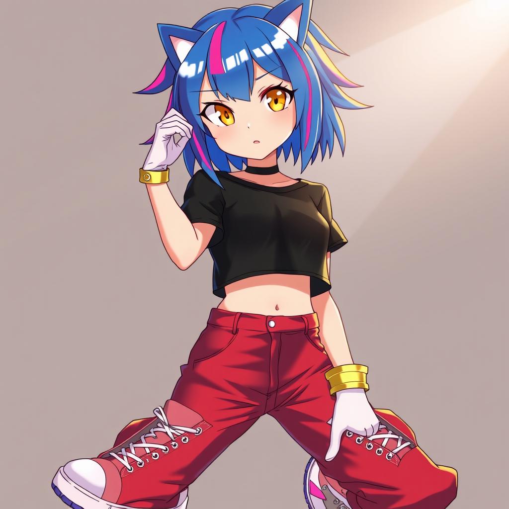A teenage girl with blue hair featuring pink streaks, bright yellow eyes, wearing a black crop top and red cargo pants