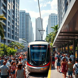A vibrant, modern Caribbean tram station bustling with activity