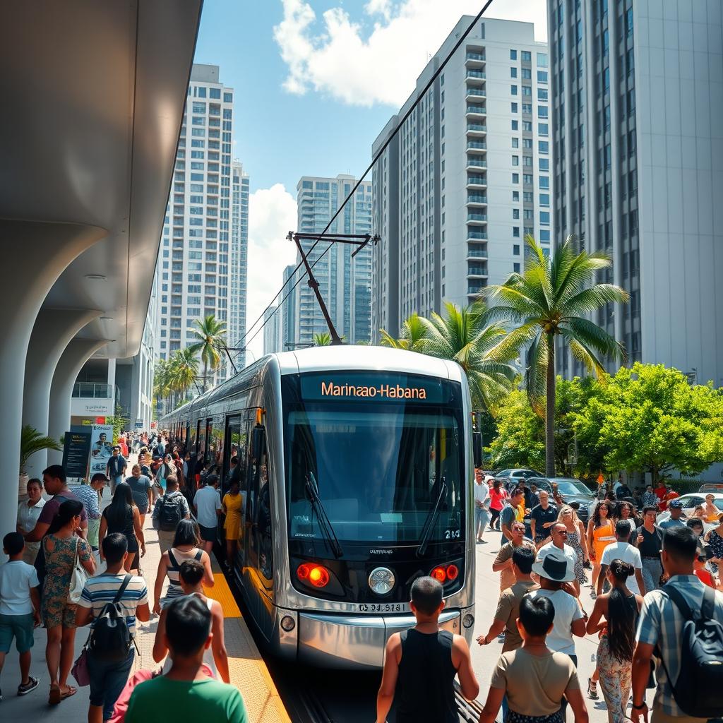 A vibrant, modern Caribbean tram station bustling with activity