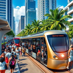 A vibrant, modern Caribbean tram station bustling with activity