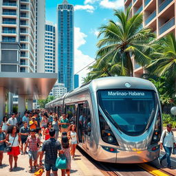 A vibrant, modern Caribbean tram station bustling with activity