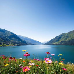 a beautiful, serene landscape featuring a tranquil lake surrounded by lush green mountains under a clear blue sky, with vibrant wildflowers in the foreground, reflecting the sunlight, evoking a sense of peace and tranquility